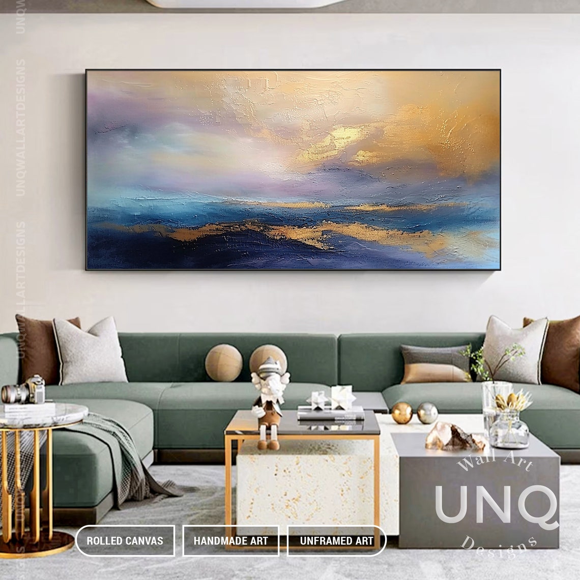 Soft Blue And Gold Ocean Clouds Dreamy Modern Abstract Art Poster - Image 5