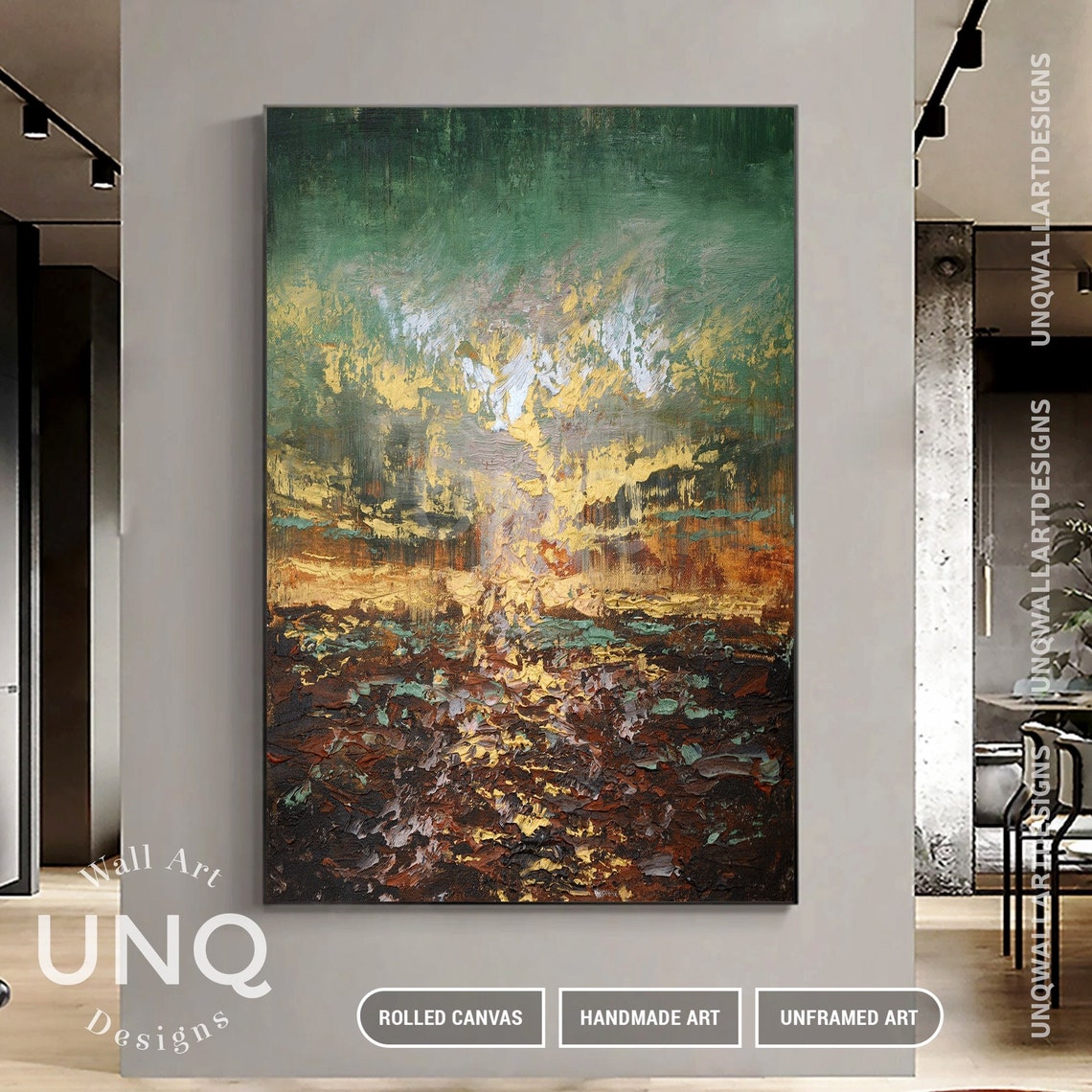 Green And Gold Abstract Landscape Dusk Textured Painting Decor Poster - Image 7