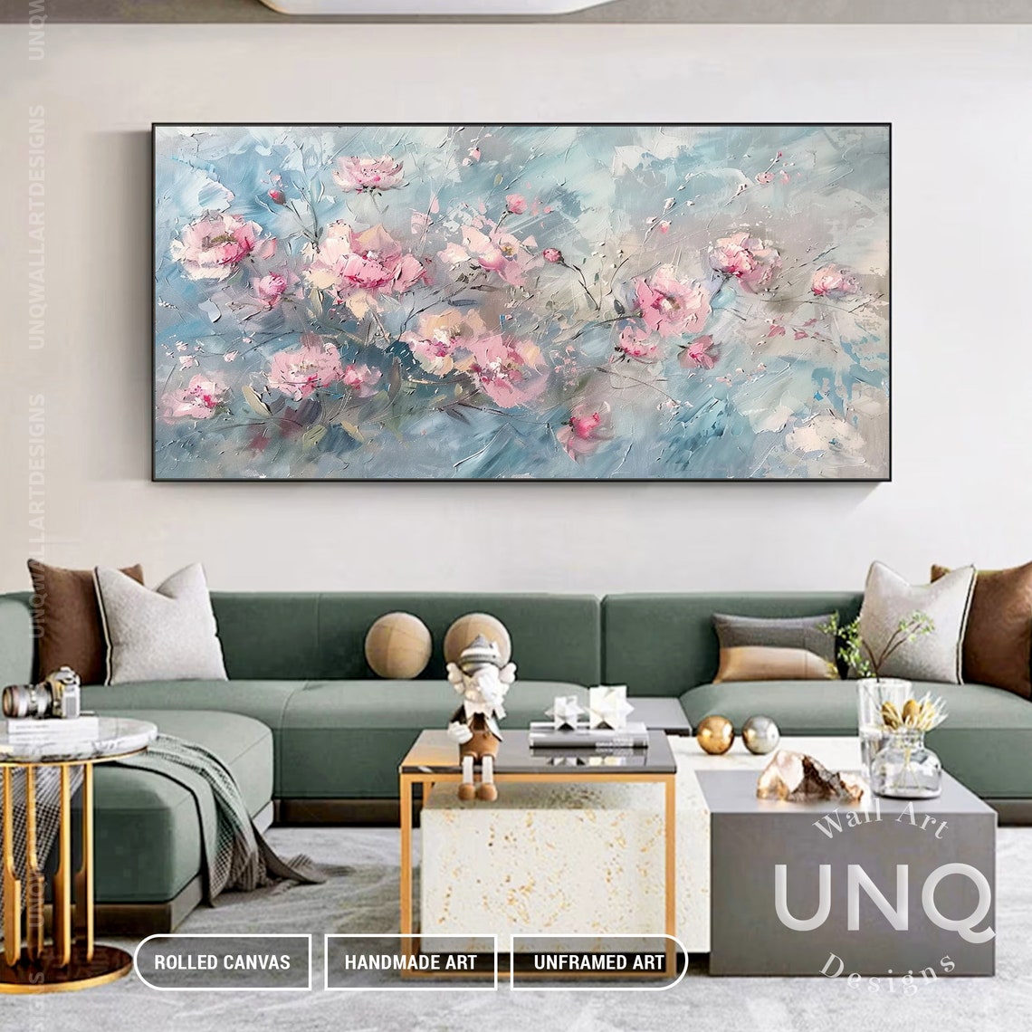 Pink Blossoms On Blue Grey Impressionist Floral Painting Art Poster - Image 6