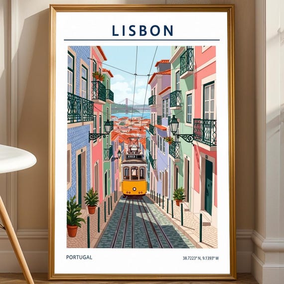 Lisbon Yellow Tram Poster Colorful Urban Landscape Contemporary Travel Wall Art Pink And Illustration Decor