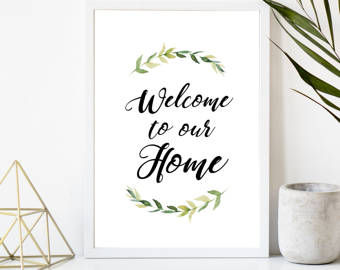Welcome To Our Home Script Greenery Wreath Hallway Quote Poster