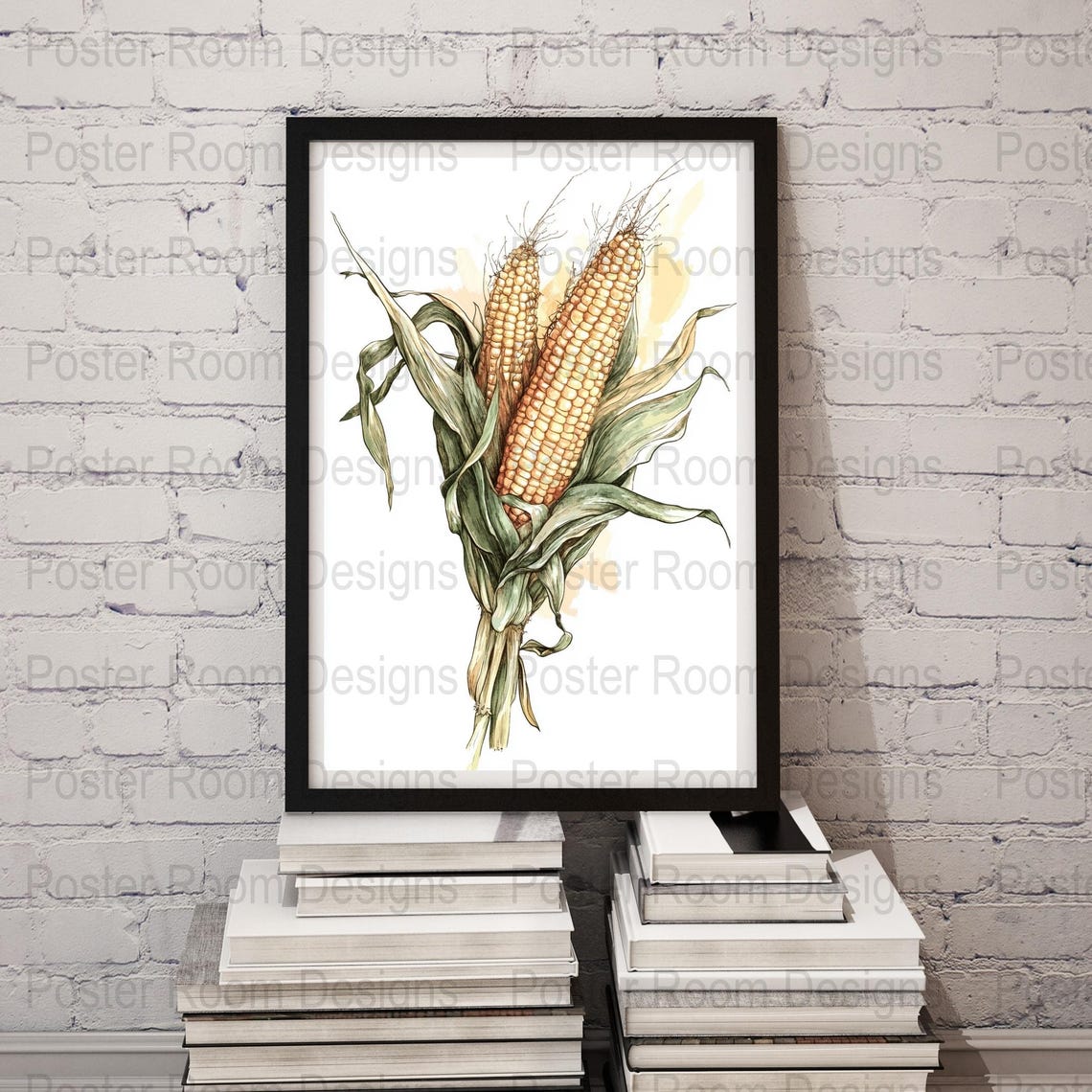 Watercolor Corn Stalk Illustration with Two Golden Ears Poster