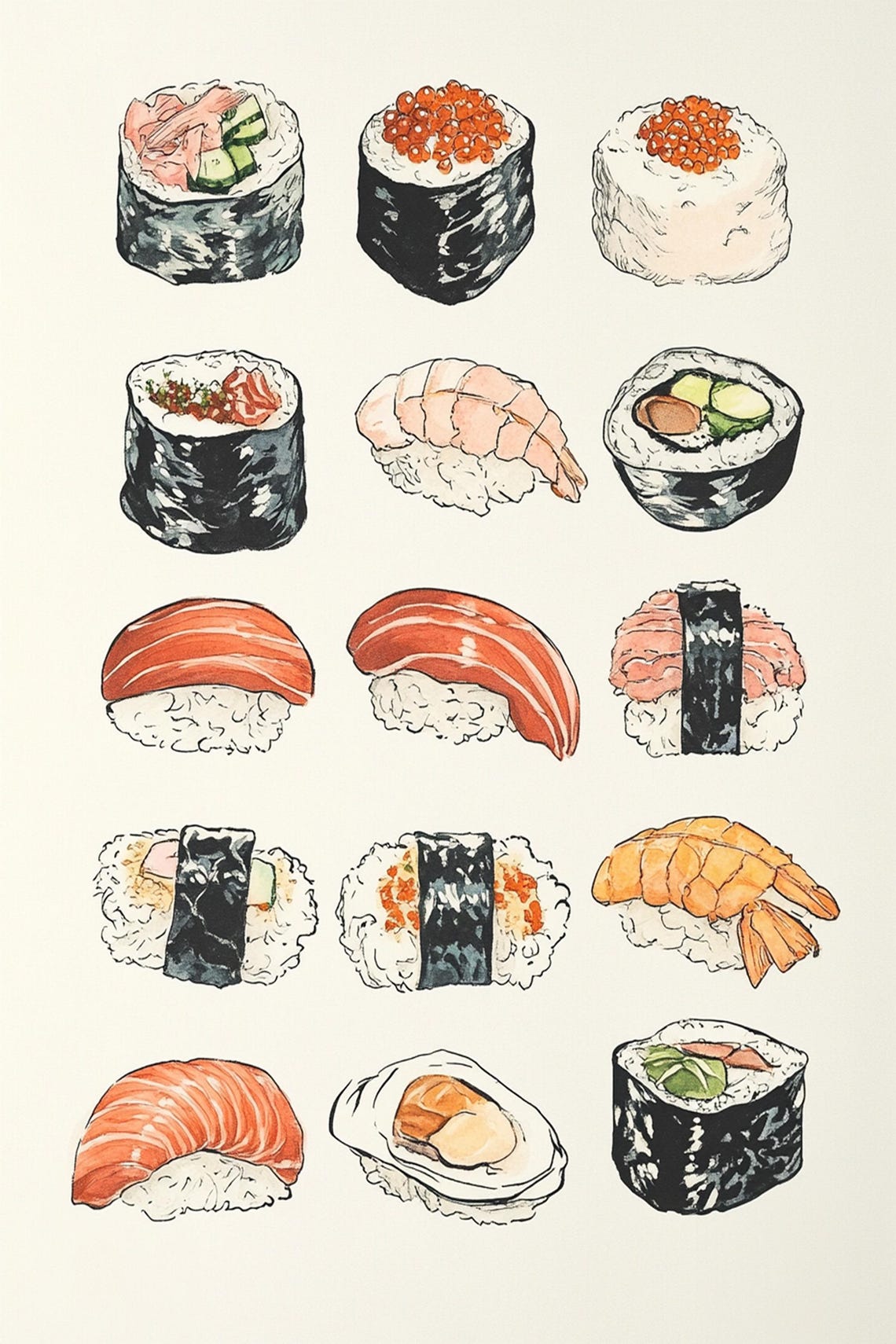 Hand-Drawn Sushi Variety Chart with Nigiri Maki and Hosomaki Poster - Image 3