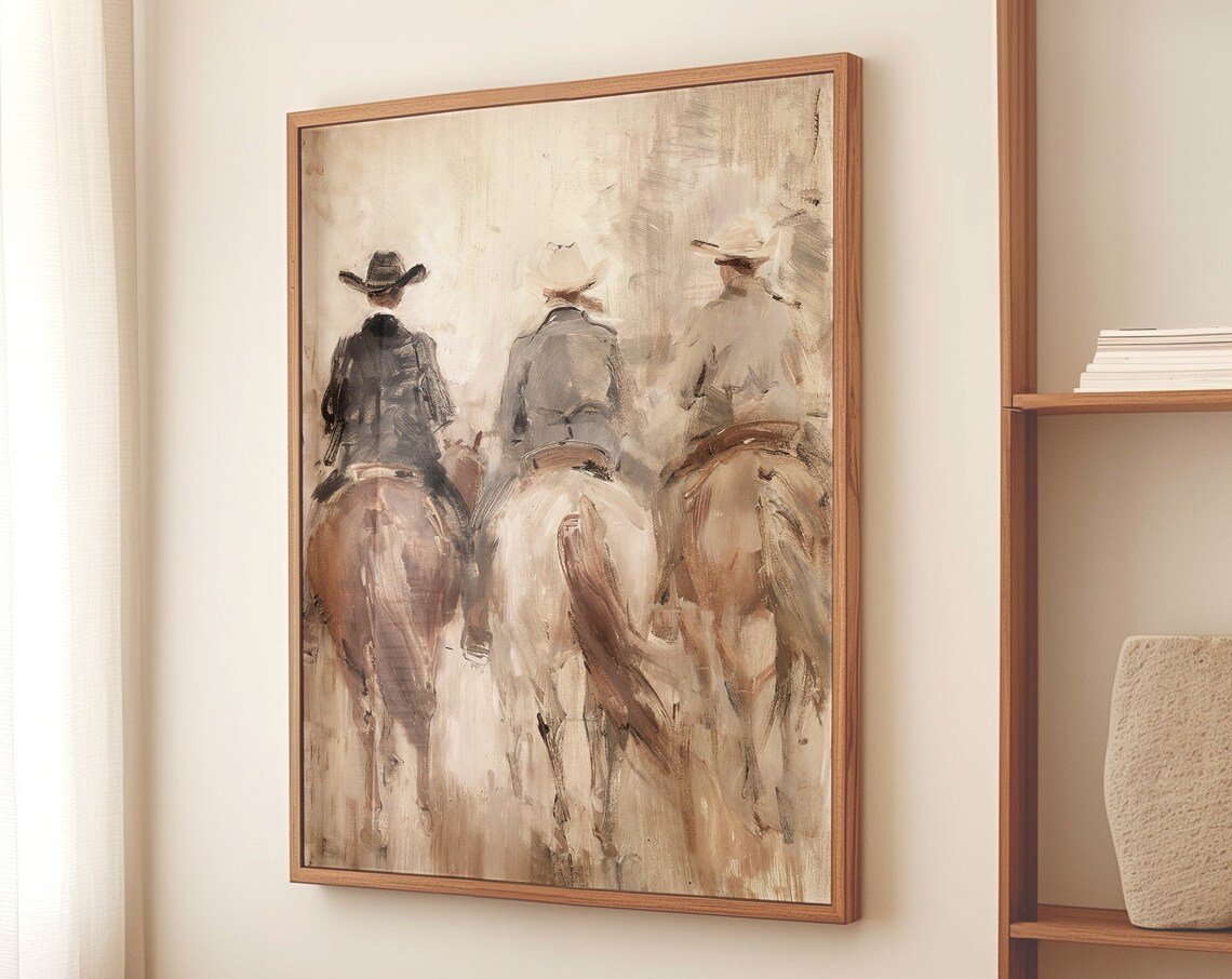 Cowboys on Horseback Western Oil Painting Warm Neutral Riding Poster - Image 4