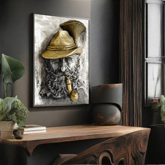 Charming Elderly Man With Pipe, Modern Painting