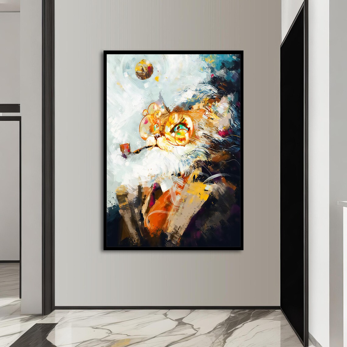 Cat With Glasses Smoking A Pipe, Smart Cat Art - Image 3