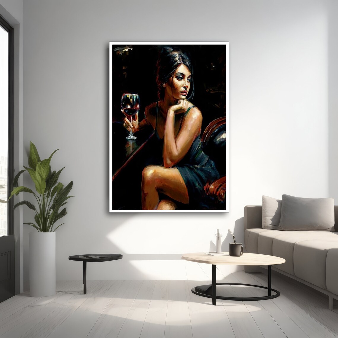 Elegant Woman With Wine Glass, Modern Painting - Image 2