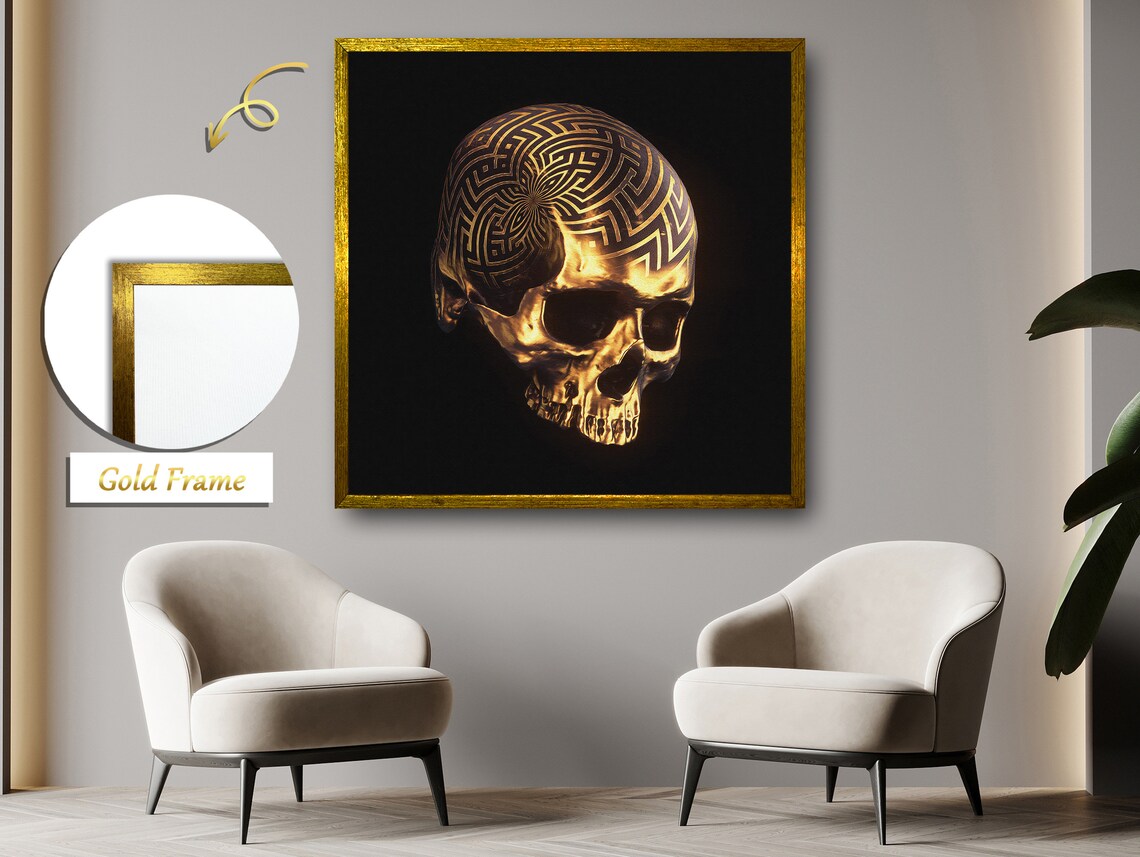 Golden Skull With Intricate Spiral Designs, Art Print - Image 4