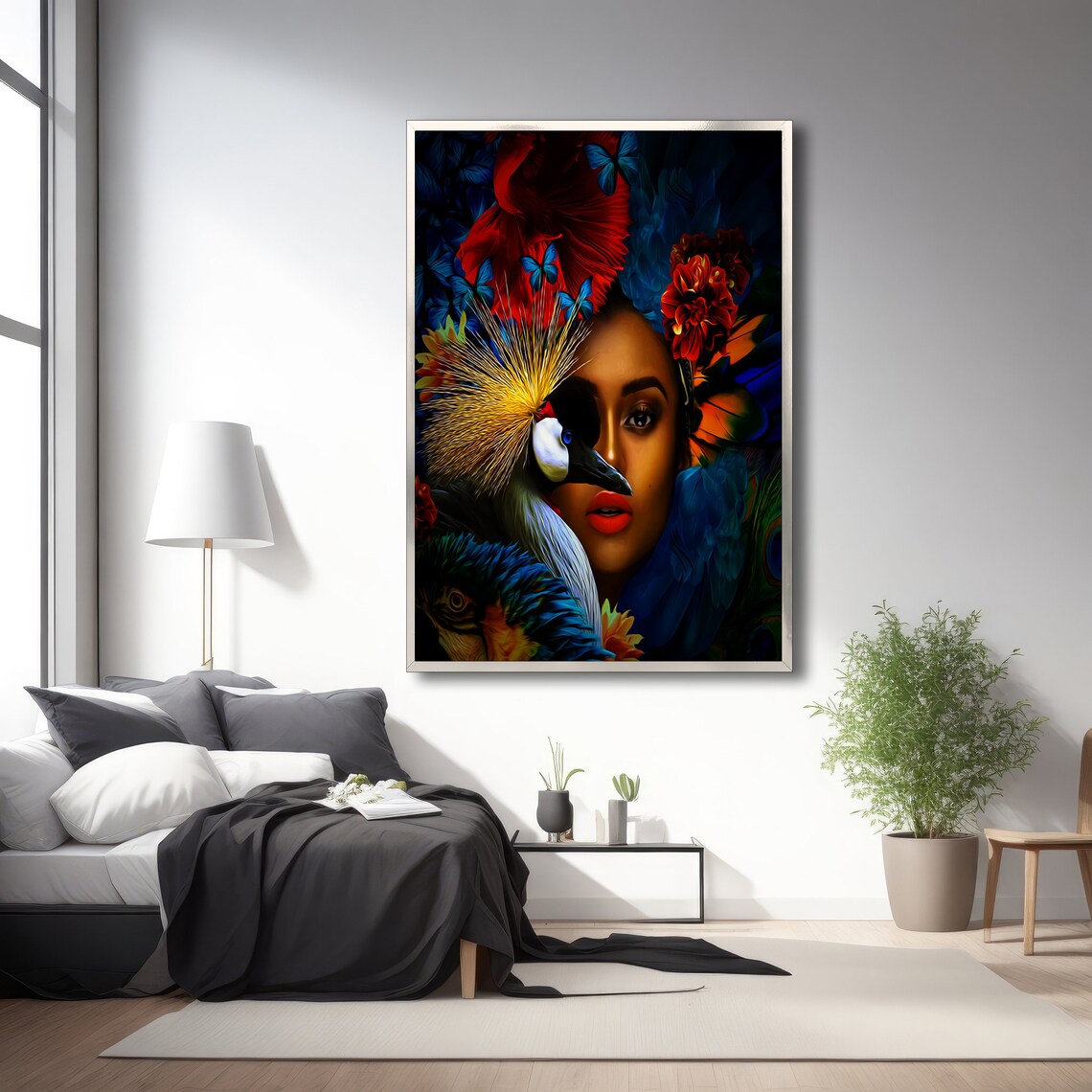 Tropical Woman With Exotic Bird, Modern Painting - Image 3