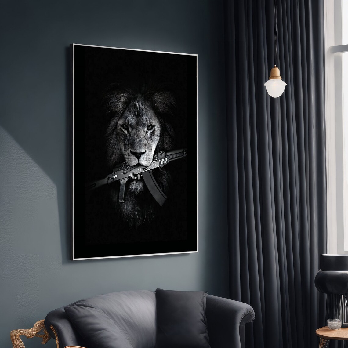Bold Lion With Gun Painting, Modern Animal Art