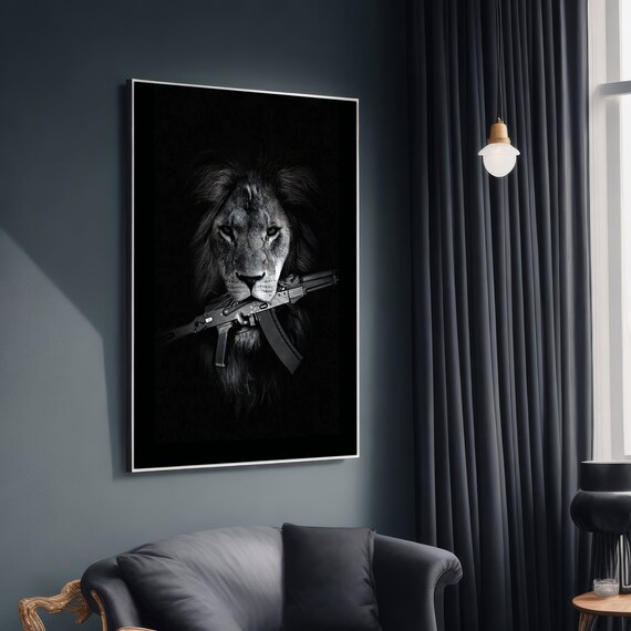 Bold Lion With Gun Painting, Modern Animal Art