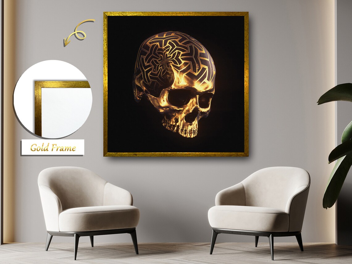 Golden Skull With Triangular Spirals, Mystery Art Print - Image 5