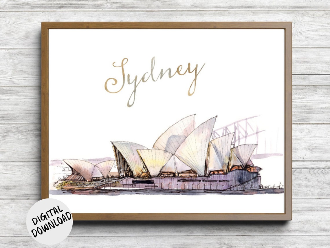 Sydney Opera House Watercolor Gold Script Australia Travel Poster