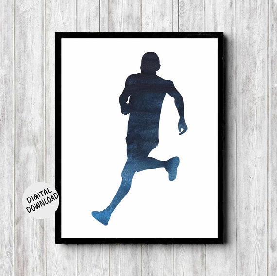 Sport Wall Art Track Runner Silhouette Gift For Men Boys Watercolor Athletic Print