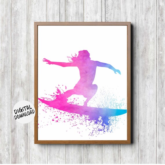 Female Surfer Watercolor Wall Art Surfer Girl Teen Room Decor Pink And Blue Surfing Gift