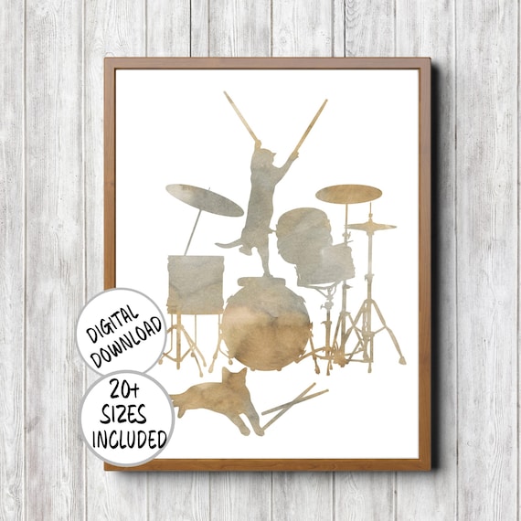 Two Cats Playing Drum Kit Muted Watercolor Drummer Musician Funny Cat Poster