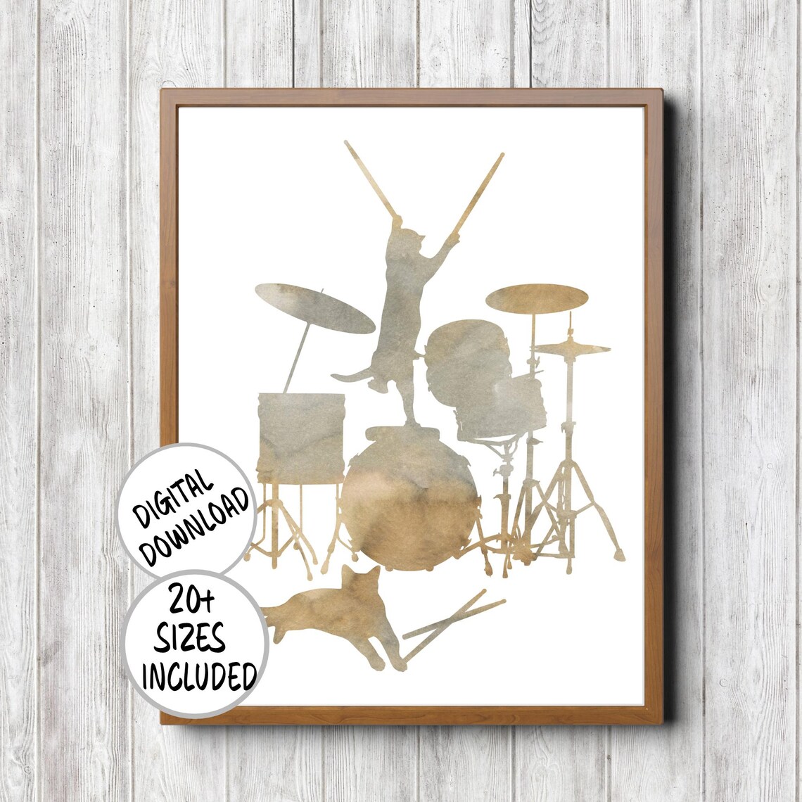 Two Cats Playing Drum Kit Muted Watercolor Drummer Musician Funny Cat Poster