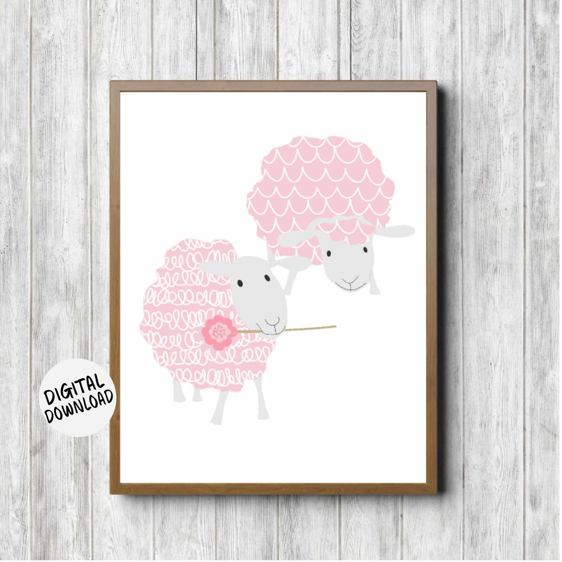 Pink Whimsical Sheep Pair With Flower Cute Nursery Girls Room Poster
