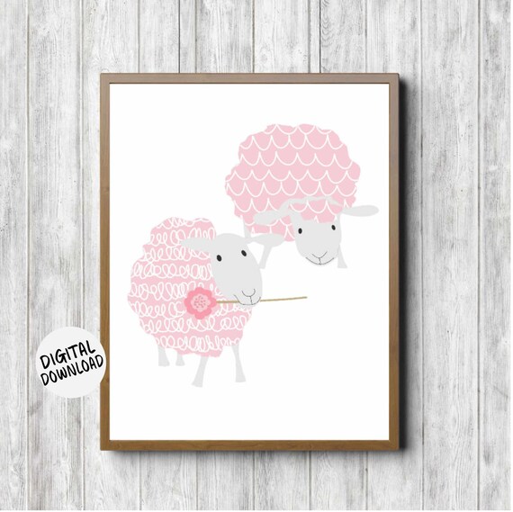 Cute Pink Gray Sheep Nursery Wall Art Girls Room Wall Decor Whimsical Farm Animal Baby Shower