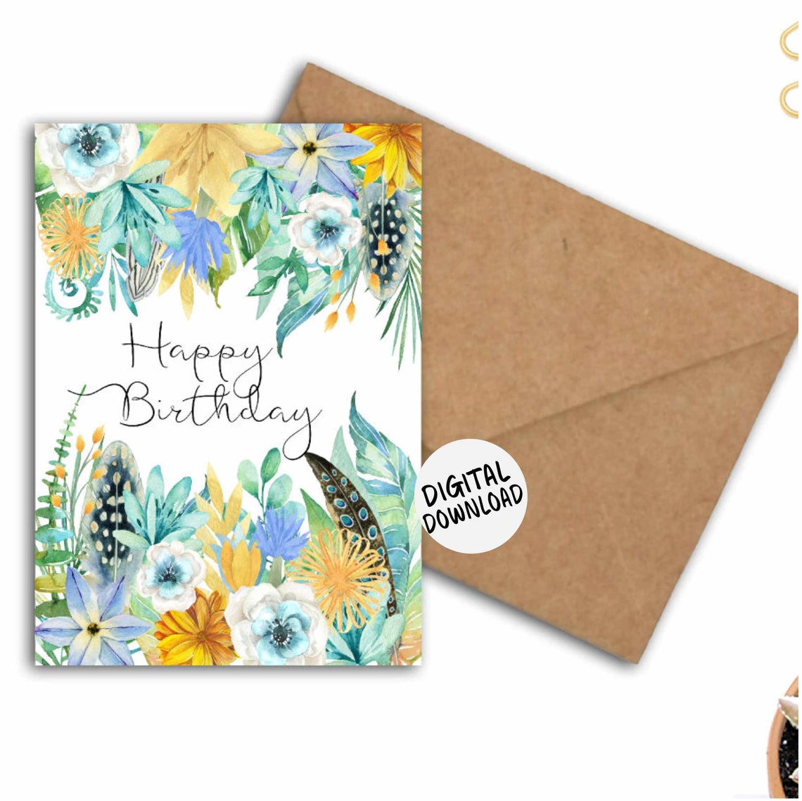 Happy Birthday Watercolor Floral Greeting Card Print with Envelope