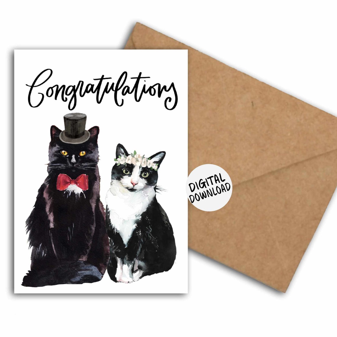 Quirky Black Cats Wedding Day Congratulations Watercolor Art Print