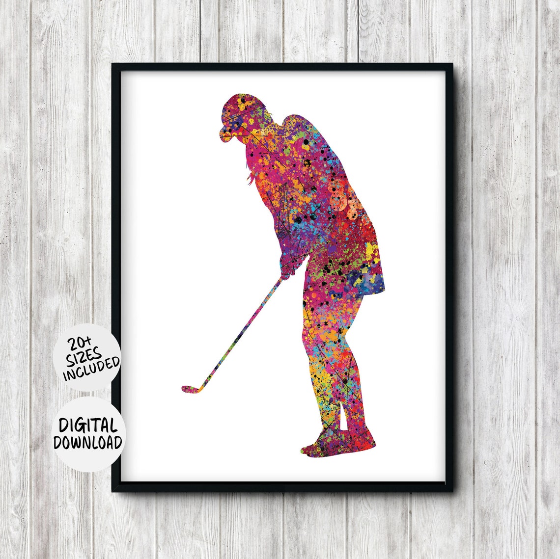 Female Golfer Chipping Silhouette Multicolor Splatter Sport Poster
