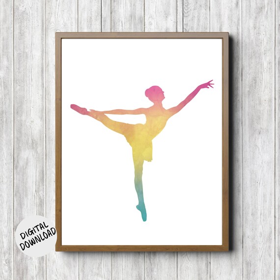 Colorful Watercolor Ballerina Arabesque Dance Silhouette Wall Decor Poster