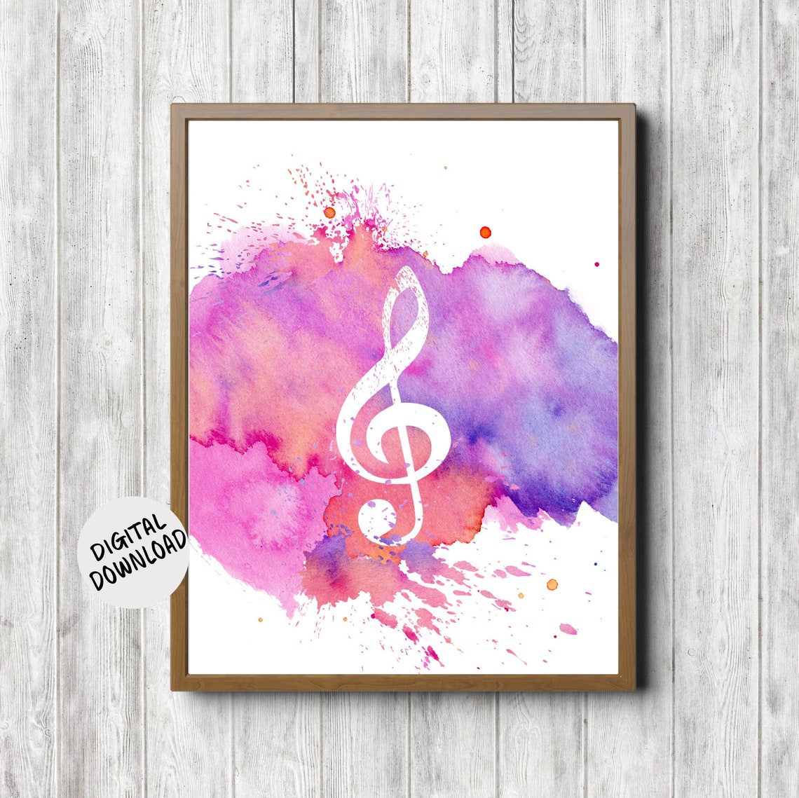 White Treble Clef Pink Watercolor Splash Music Theme Wall Decor Poster