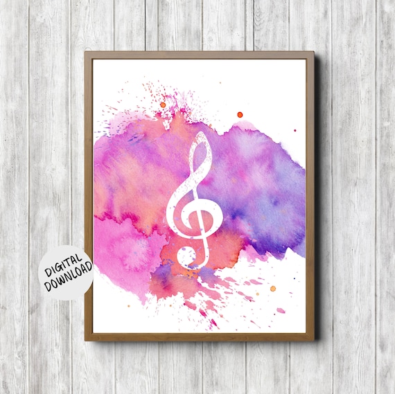 White Treble Clef Pink Watercolor Splash Music Theme Wall Decor Poster