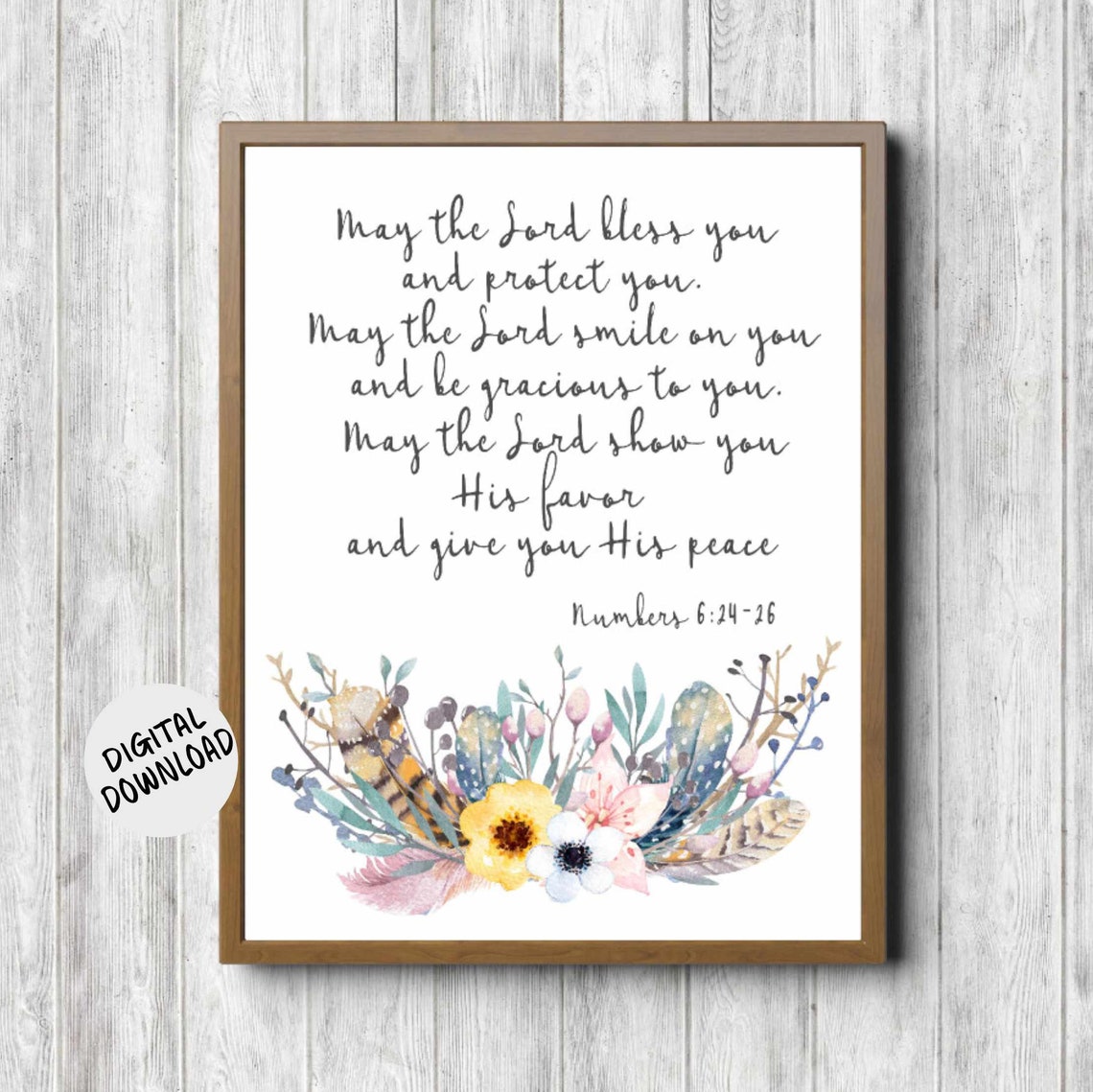 Numbers 6 24-26 Blessing Calligraphy Floral Watercolor Faith Poster