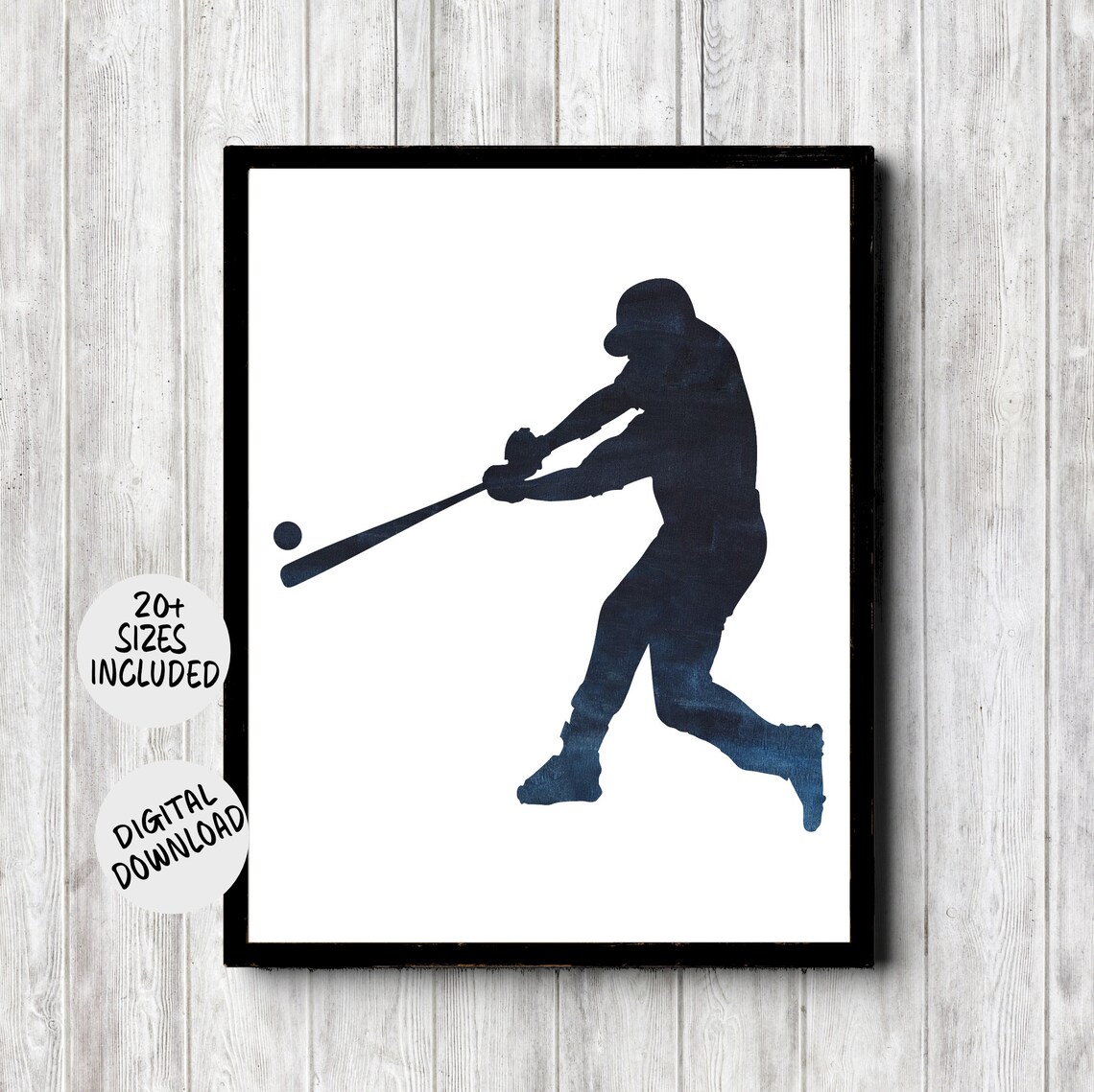 Baseball Batter Swinging Silhouette Dark Blue Watercolor Sports Poster