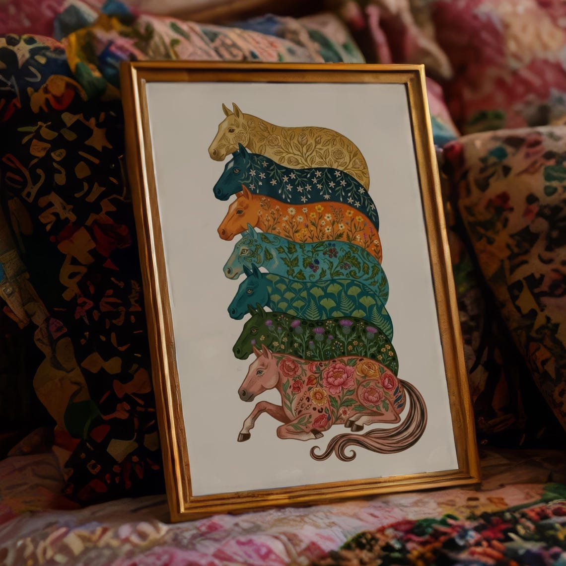 Seven Blooming Floral Horses Stacked Tower Boho Equestrian Poster