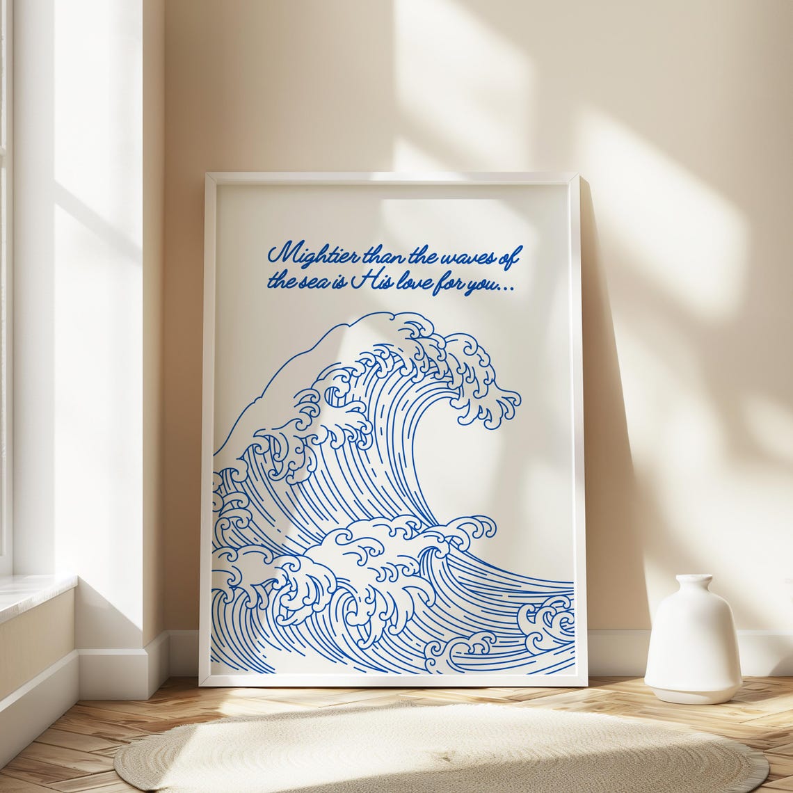 Mightier Than The Waves Faith Quote Blue Ocean Line Art Poster - Image 2