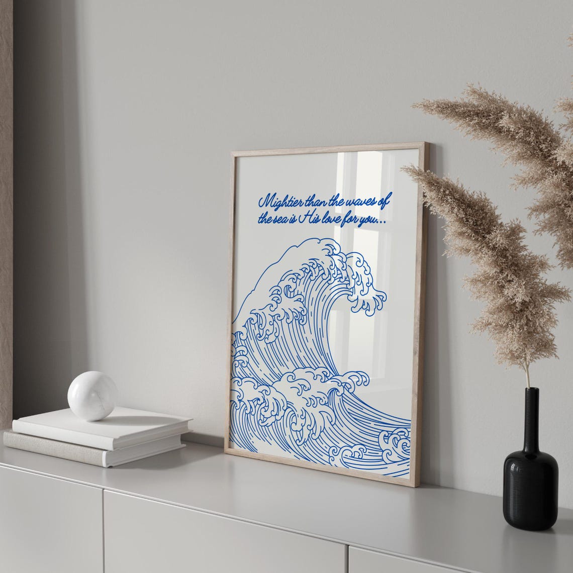 Mightier Than The Waves Faith Quote Blue Ocean Line Art Poster - Image 4