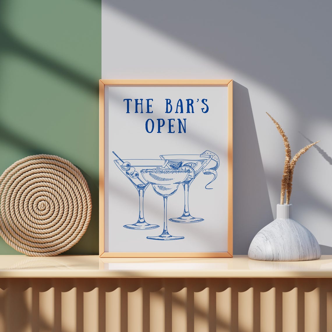 The Bars Open Cocktail Glasses Blue Line Art Kitchen Bar Poster - Image 3