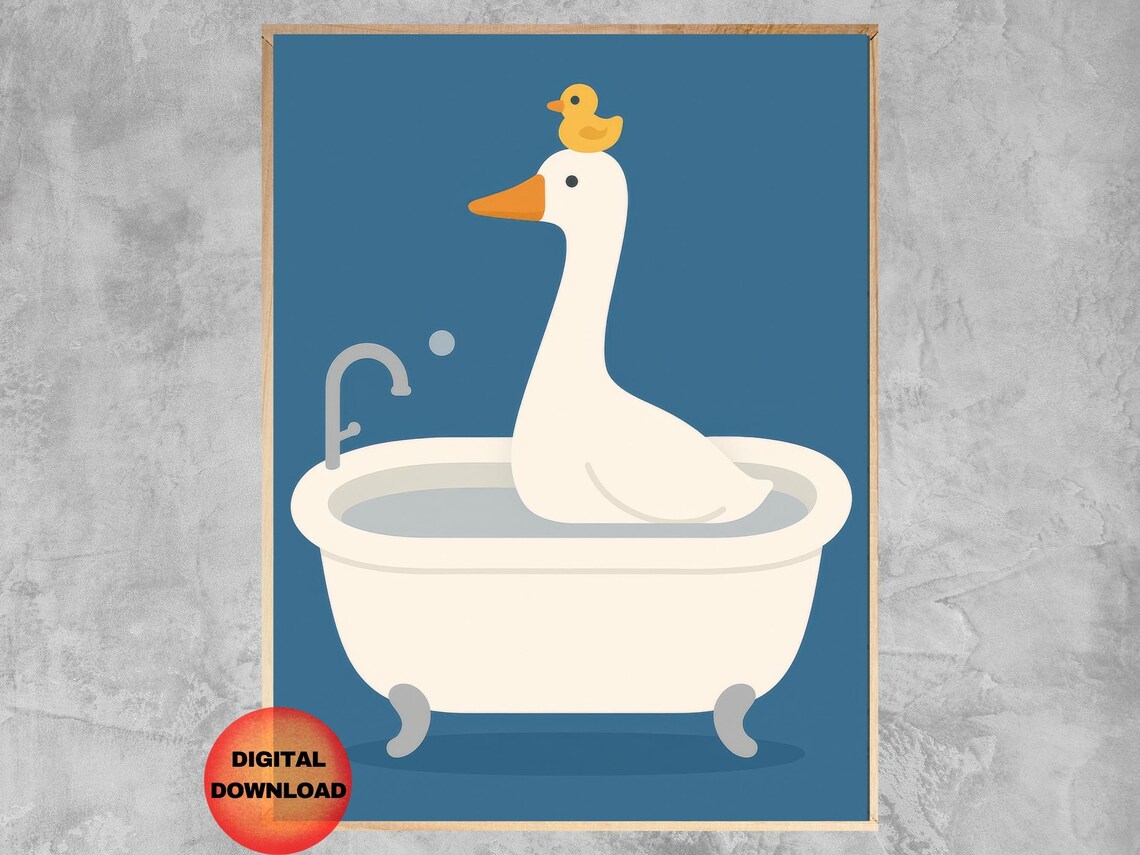 Goose Duckling Bathtub Minimalist Blue Nursery Kids Bathroom Wall Art