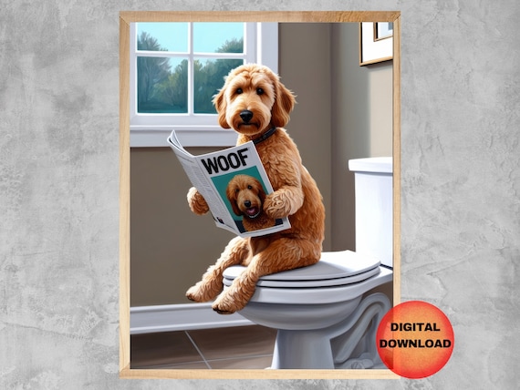 Goldendoodle On Toilet Wall Art Bathroom Poster Funny Kids Print Whimsy Pet Animal Dog Lover Gift