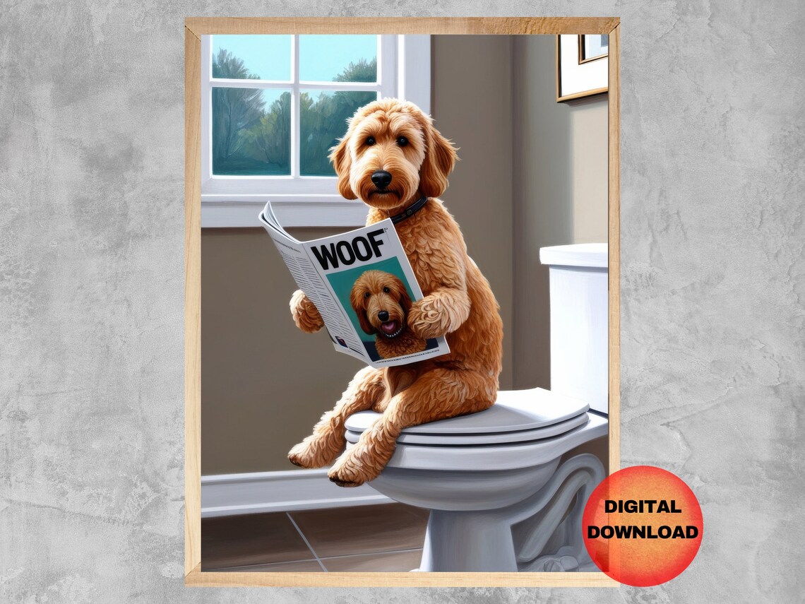 Goldendoodle Toilet Newspaper Woof Funny Bathroom Dog Wall Art