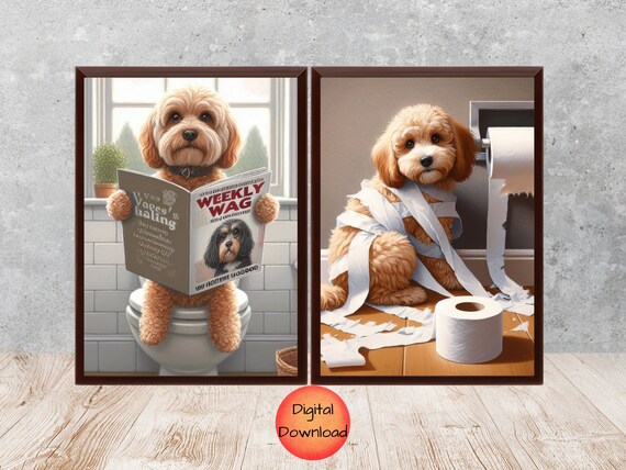 Funny Cavapoo Toilet Set Of 2 Prints Bathroom Wall Art Whimsy Animal Pet Humor Poster
