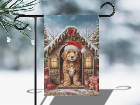 Christmas Puppy in Santa Hat at Decorated Doghouse Holiday Poster