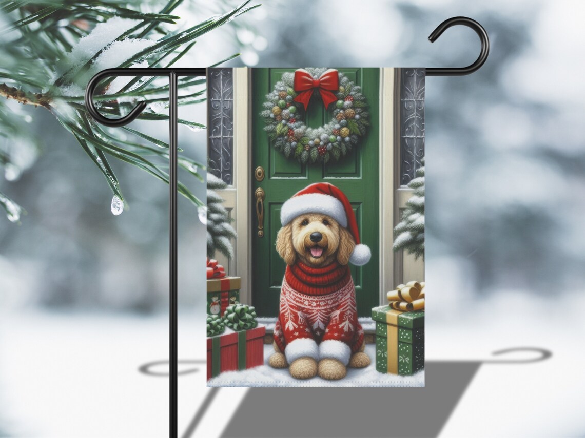 Goldendoodle Christmas Santa Hat Holiday Dog Wreath Door Wall Art