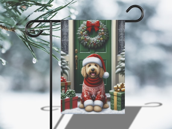 Goldendoodle Christmas Santa Hat Holiday Dog Wreath Door Wall Art