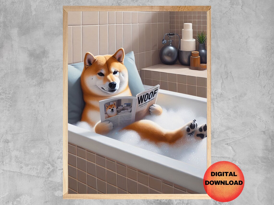 Shiba Inu In Bathtub, Funny Dog Bathroom Poster