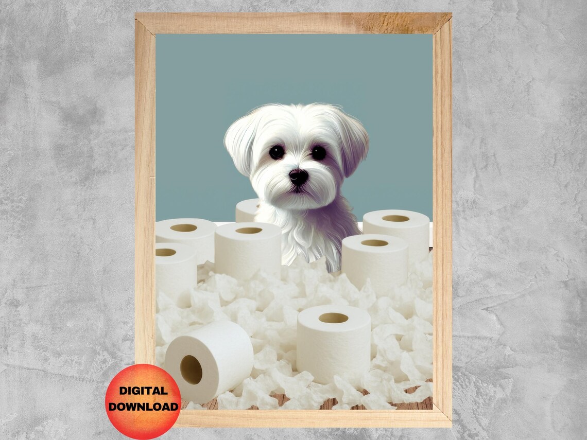 Fluffy White Puppy Toilet Paper Mess Funny Bathroom Wall Poster