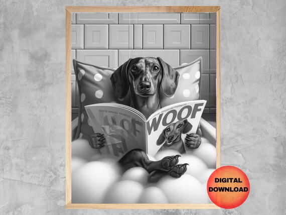 Dachshund Funny Bathroom Wall Art Black And White Doxie Bathtub Whimsical Weiner Dog Lover Mom Or Dad Gift