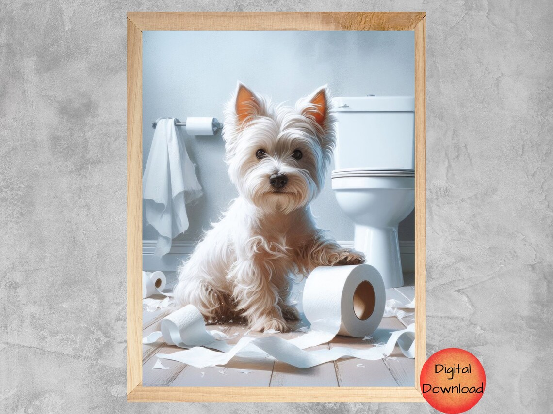 Westie Dog On Toilet Bathroom Funny Poster Print
