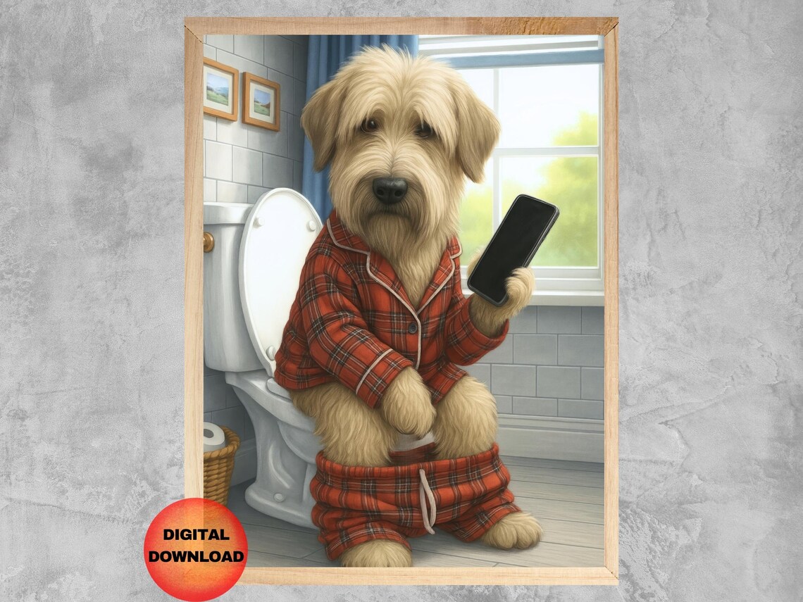 Wheaten Terrier On Toilet With Phone, Funny Dog Art Print