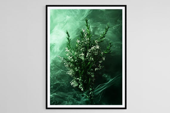 Dark Green Botanical Floral Art Print Elegant Moody Flower Wall Decor