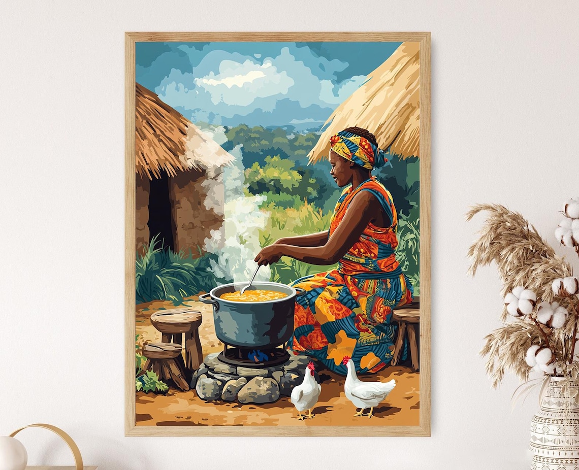 Zimbabwean Woman Cooking Sadza, African Art Print