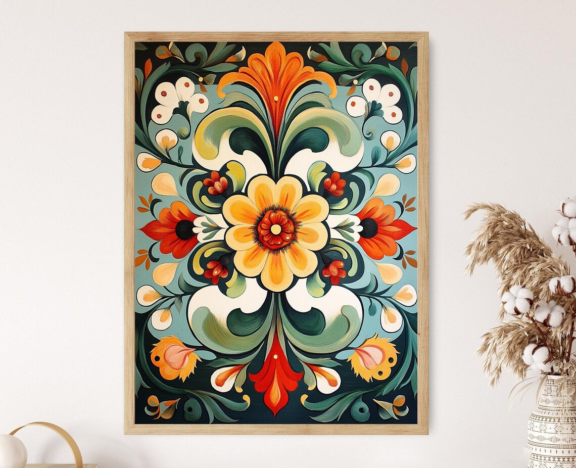 Rosemaling Botanical Folk Flowers Art Print